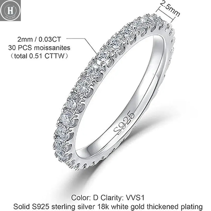 ALLNOEL 2mm Full Moissanite Ring for Women D Color VVS1 Female Single Tail Ring 925 Silver Ring Wedding Eternity Band With GRA HALALZEN