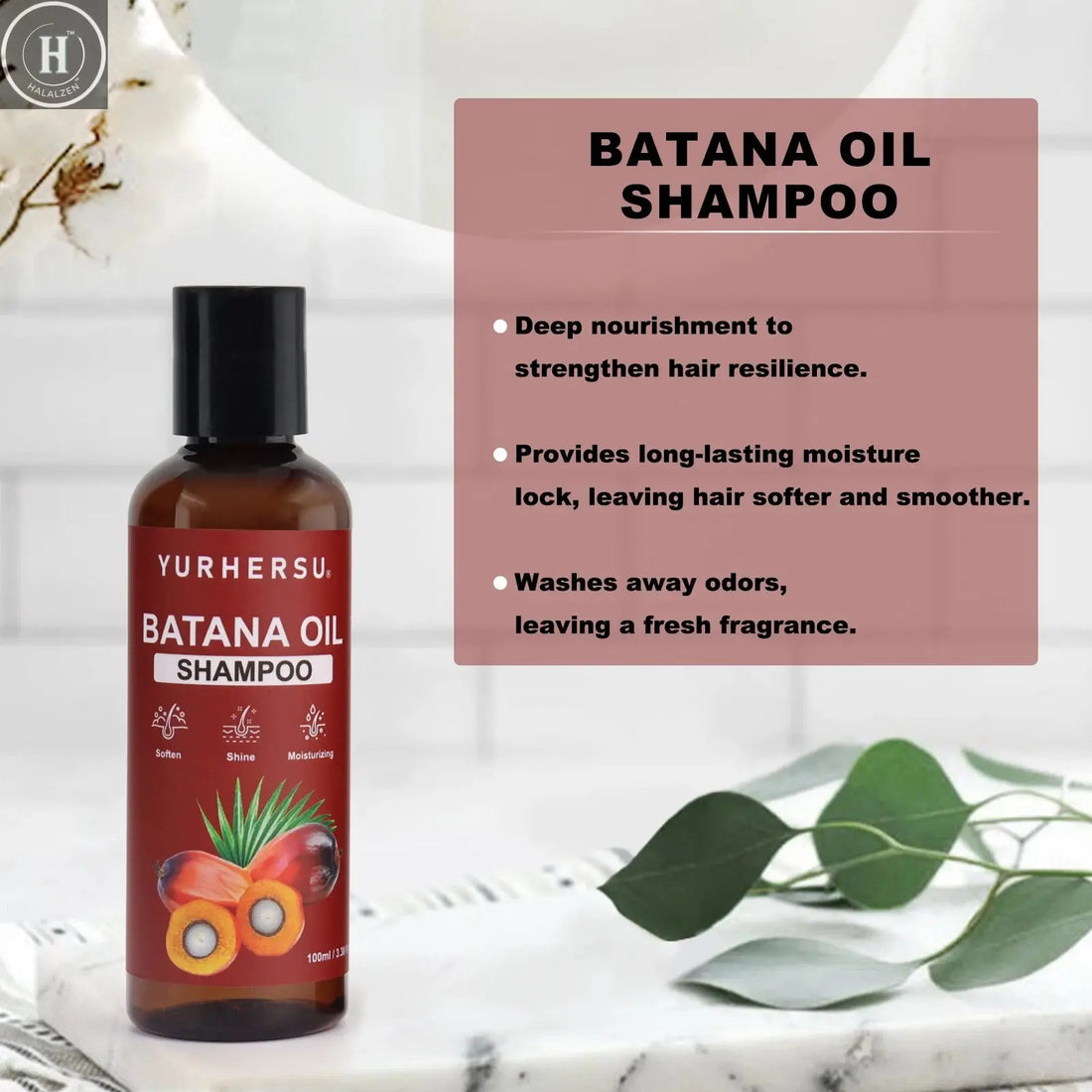 Batana Shampoo provides full shine and healthy hair care, contains Batana oil extract, and includes a cleansing conditioner HALALZEN