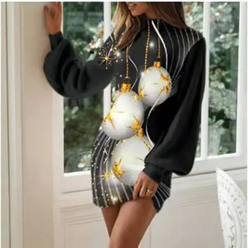 Vintage Christmas Printing Women Party Dress Autumn Fashion Half High Collar Lantern Long Sleeve Dresses Lady Bodycon Vestidos
