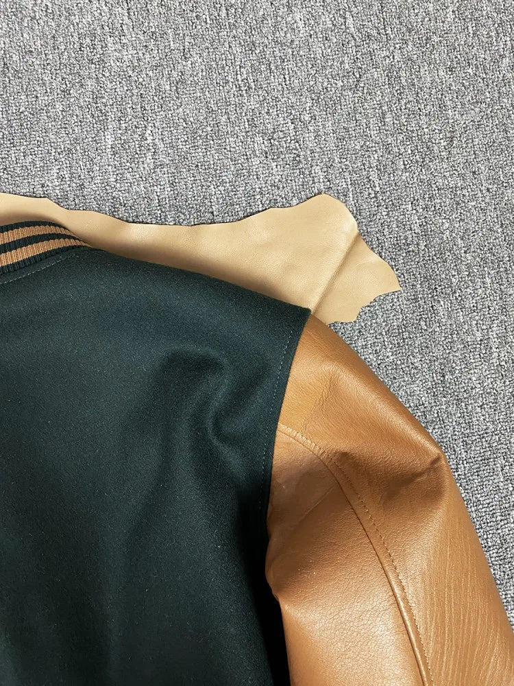 Mens Retro Autumn Winter Natural Sheepskin Patchwork Baseball Jacket Stand Collar Single Breasted Loose Fit Casual Outerwear