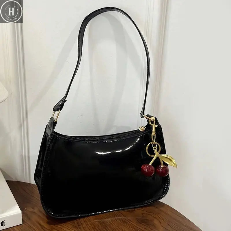 Solid Color PU Leather Women Shoulder Bags Fashion Ladies Cherry Pendant Handbags Purse Casual Design Female Hobos Underarm Bag HALALZEN