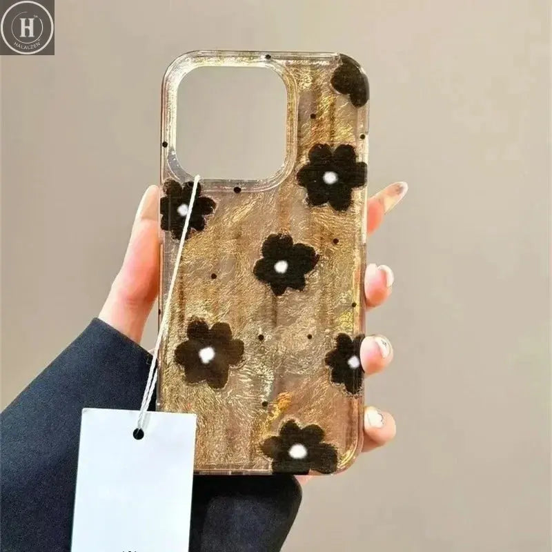 Retro Brown Black Spots Flowers Tinfoil Pattern Phone Cover Case for IPhone 17 16 16e 15 14 13 12 11 Pro Max 14 Plus 16E Cover Halalzen UK