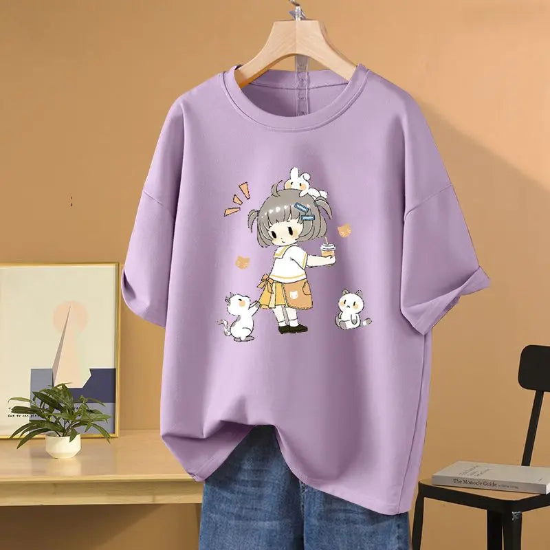 Summer Cartoon Printed T-shirt Loose Pure Cotton Short Sleeve O-neck Pullovers Women's Basic Casual Top Tees