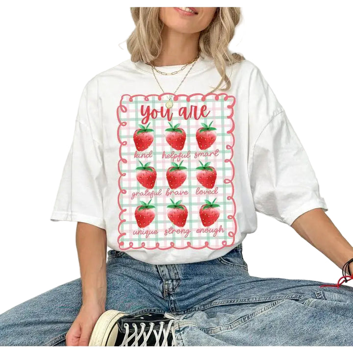 Women's "You Are Kind Helpful Smart" T-Shirt Cute Strawberry Graphic Tee Self-Love Slogan Top Motivational Gift