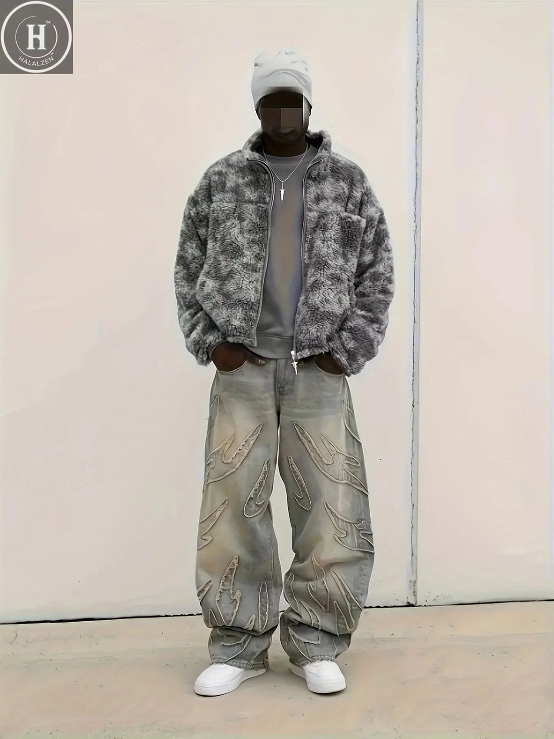 European and American Street Graffiti Wide-Leg Jeans for Men, Loose Oversize Vintage-Style Casual Trousers Halalzen UK