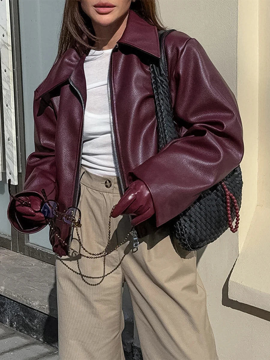 Women s Faux Leather Moto Jacket with Removable Hood Vintage Long Sleeve Lapel Collar Zip Up Biker Coat Outwear