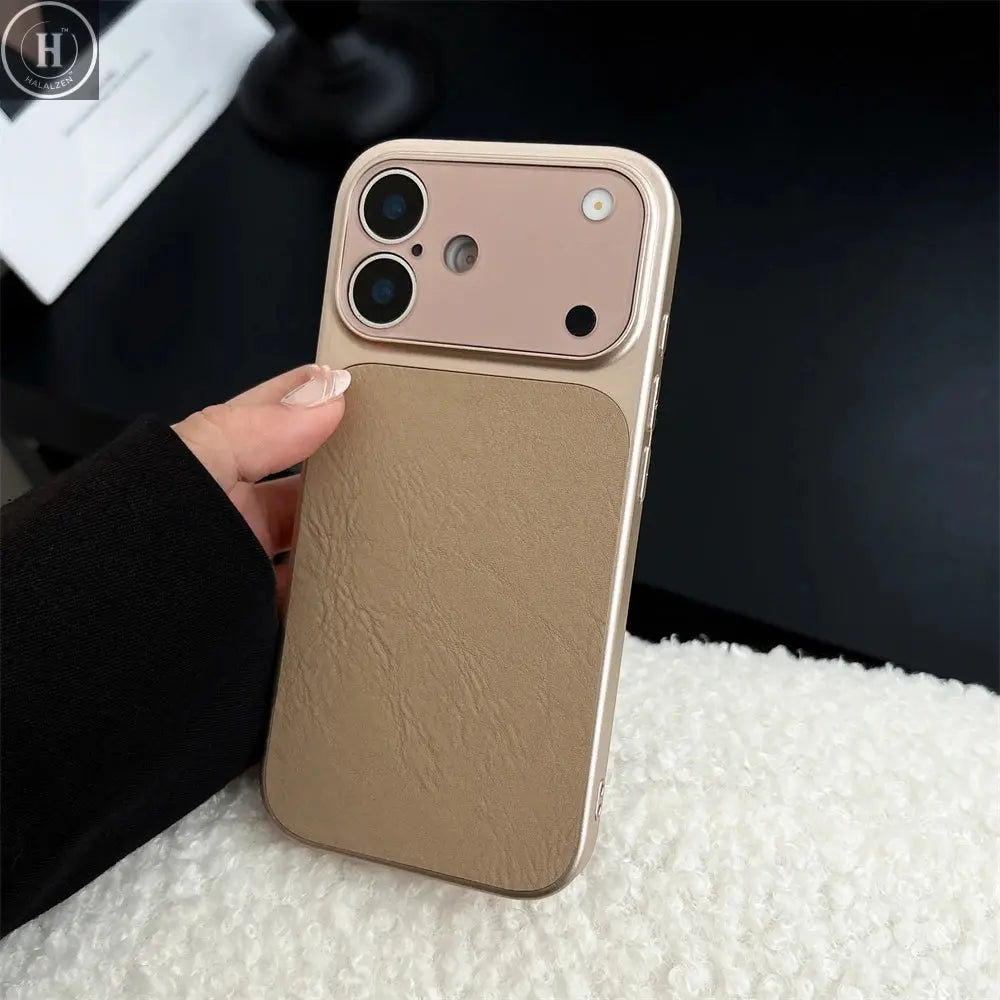 Luxury Large Window Leather Phone Case For iPhone 17 16 15 14 13 Pro Max Lens Protection Matte Shockproof Plating Back Cover Halalzen UK