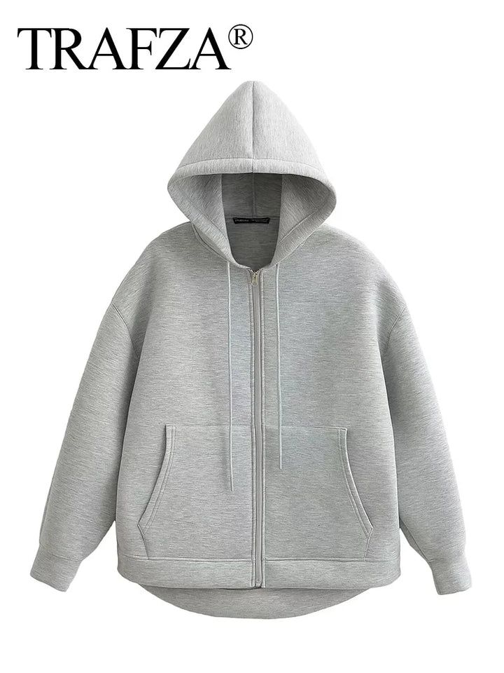 TRAFZA 2025 Casual Women's Soild Zipper Hoodie Long Sleeve Big Pocket Zipper Jacket With Hood Female Loose Outerwear Coat Tops