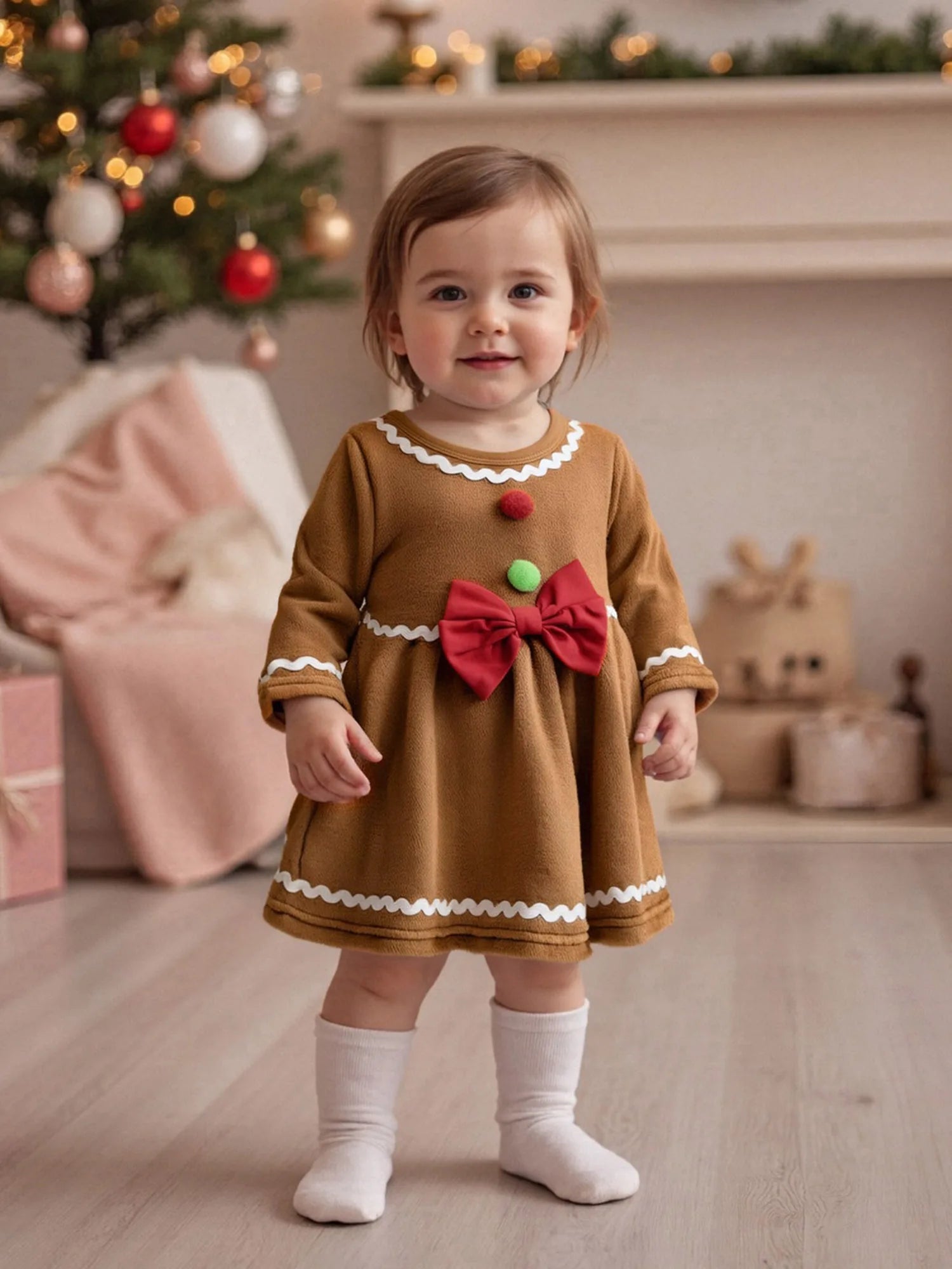 Cute Baby Boy Santa Claus Print Romper Round Neck Long Sleeves Bow Decor Christmas Jumpsuit Toddler Xmas Outfit