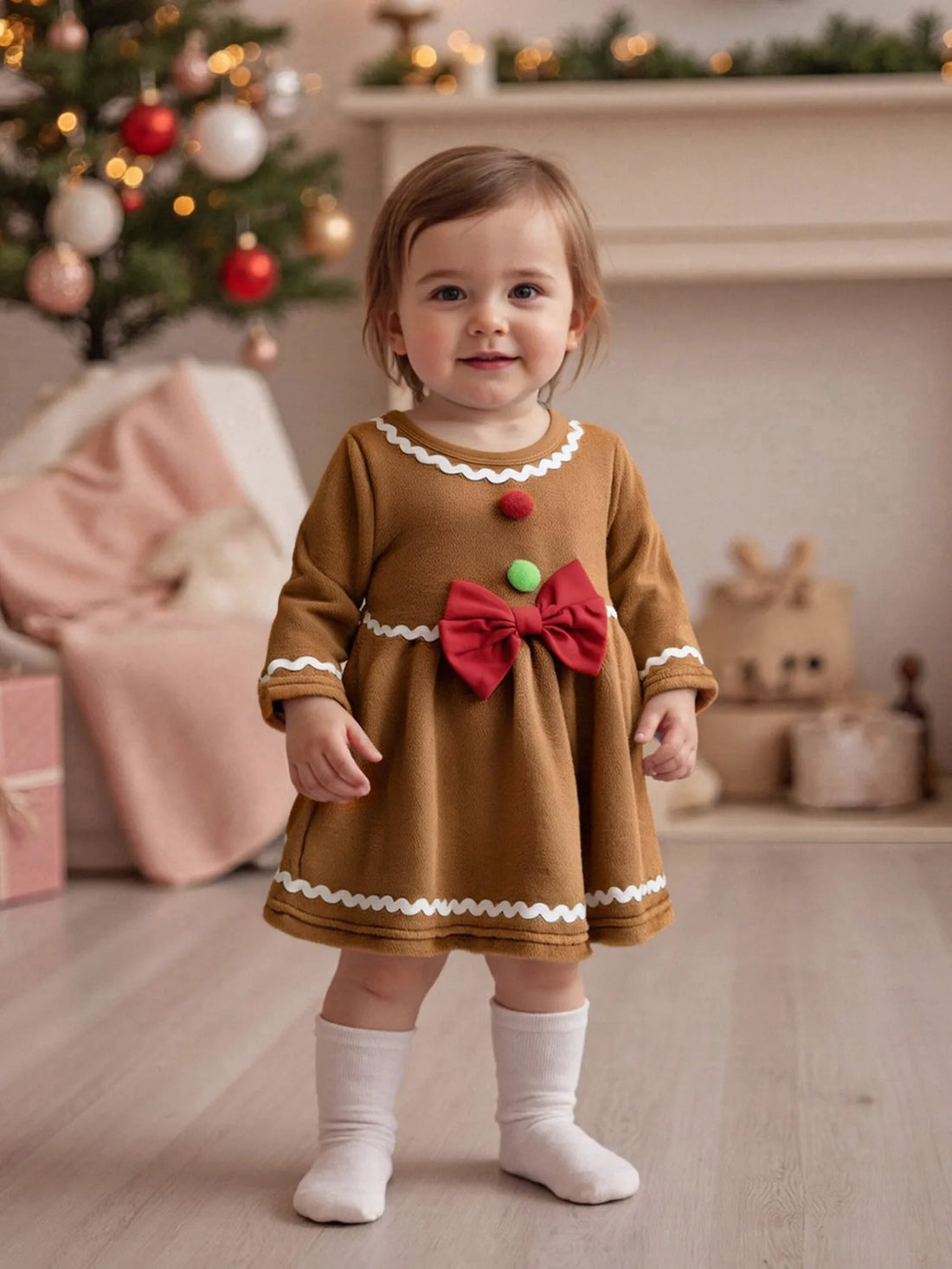 Cute Baby Boy Santa Claus Print Romper Round Neck Long Sleeves Bow Decor Christmas Jumpsuit Toddler Xmas Outfit