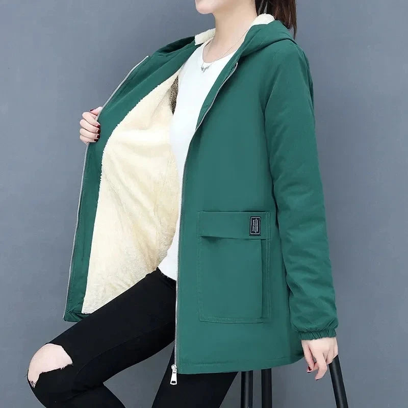 2024 New Winter Jacket Cotton Warm Puffer Coat Women Casual Parkas With Lining Plush hooded trench Outwear Women's Clothes