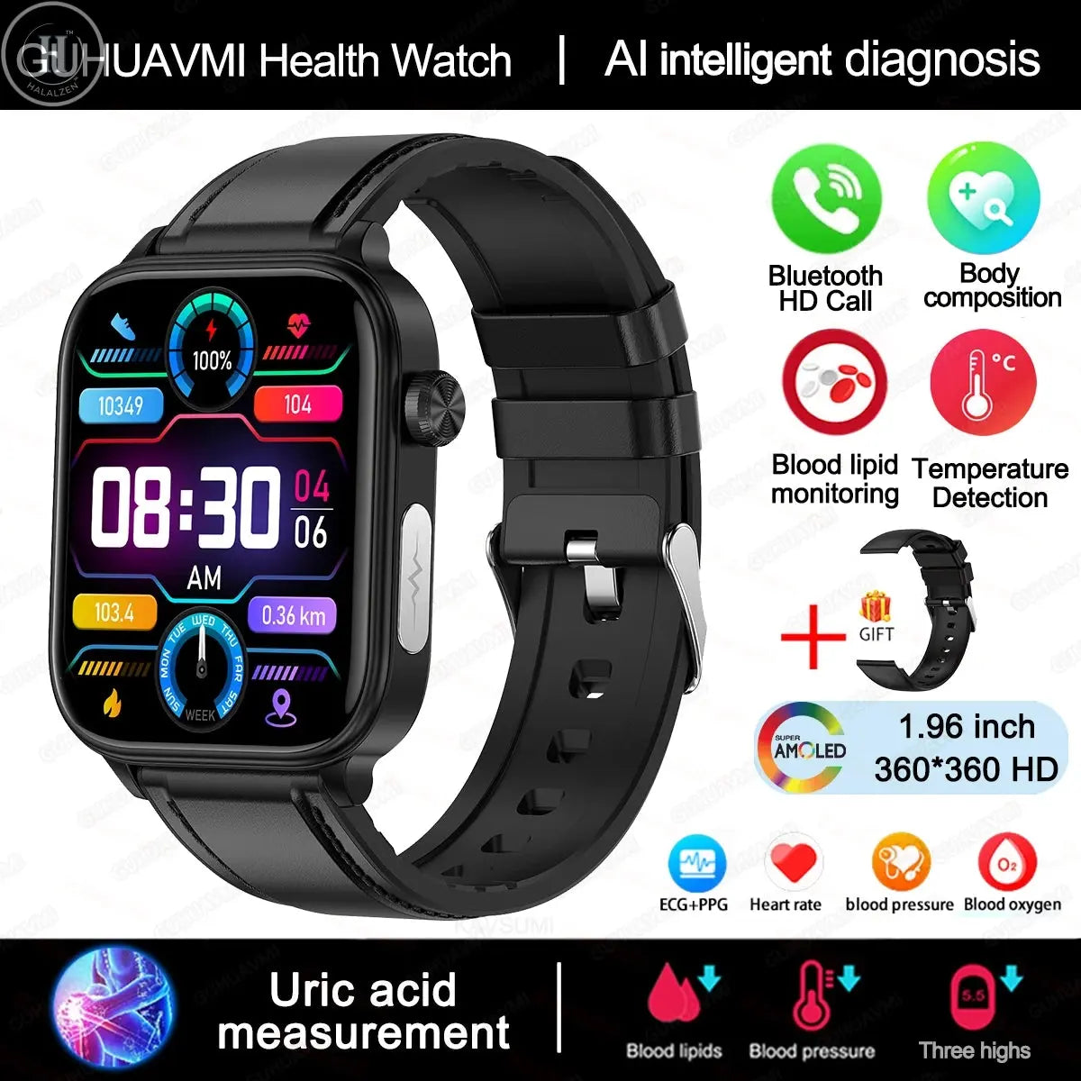 2025 New AI Diagnosis Blood Lipids Uric Acid Body composition Test Smart Watch For Men ECG+PPG Bluetooth Call Health Smartwatch HALALZEN