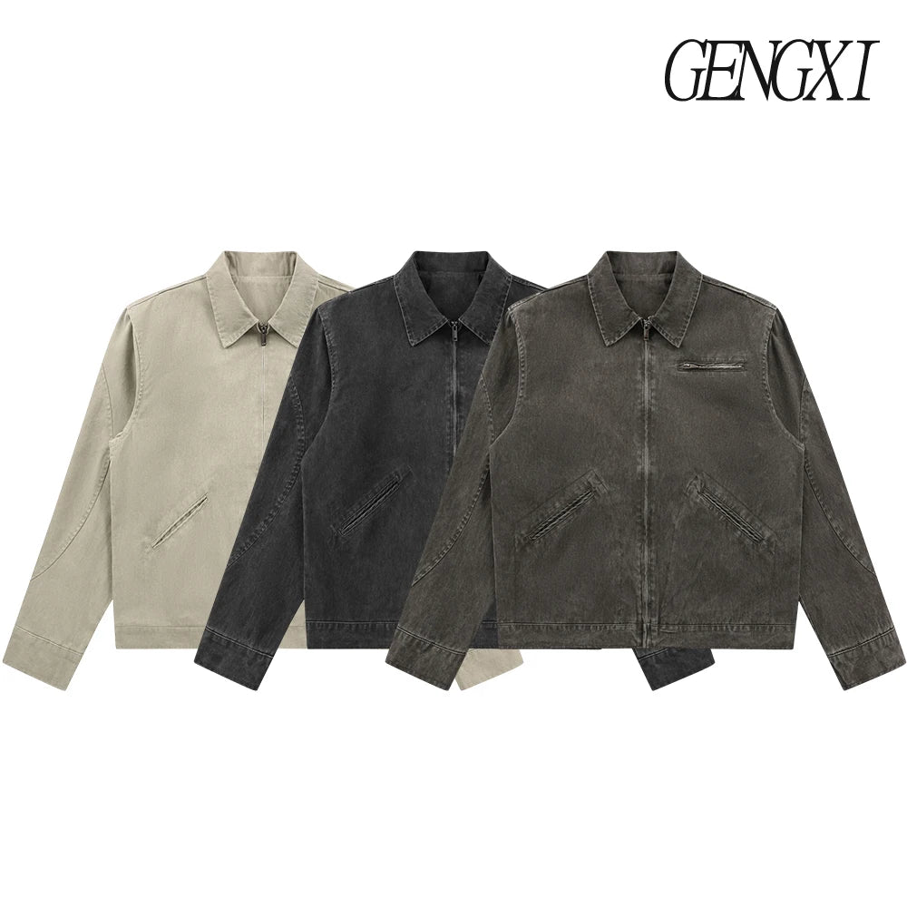 Fashionable retro washed distressed multi-pocket denim jacket New men's Detroit workwear jacket Clean Fit casual menswear