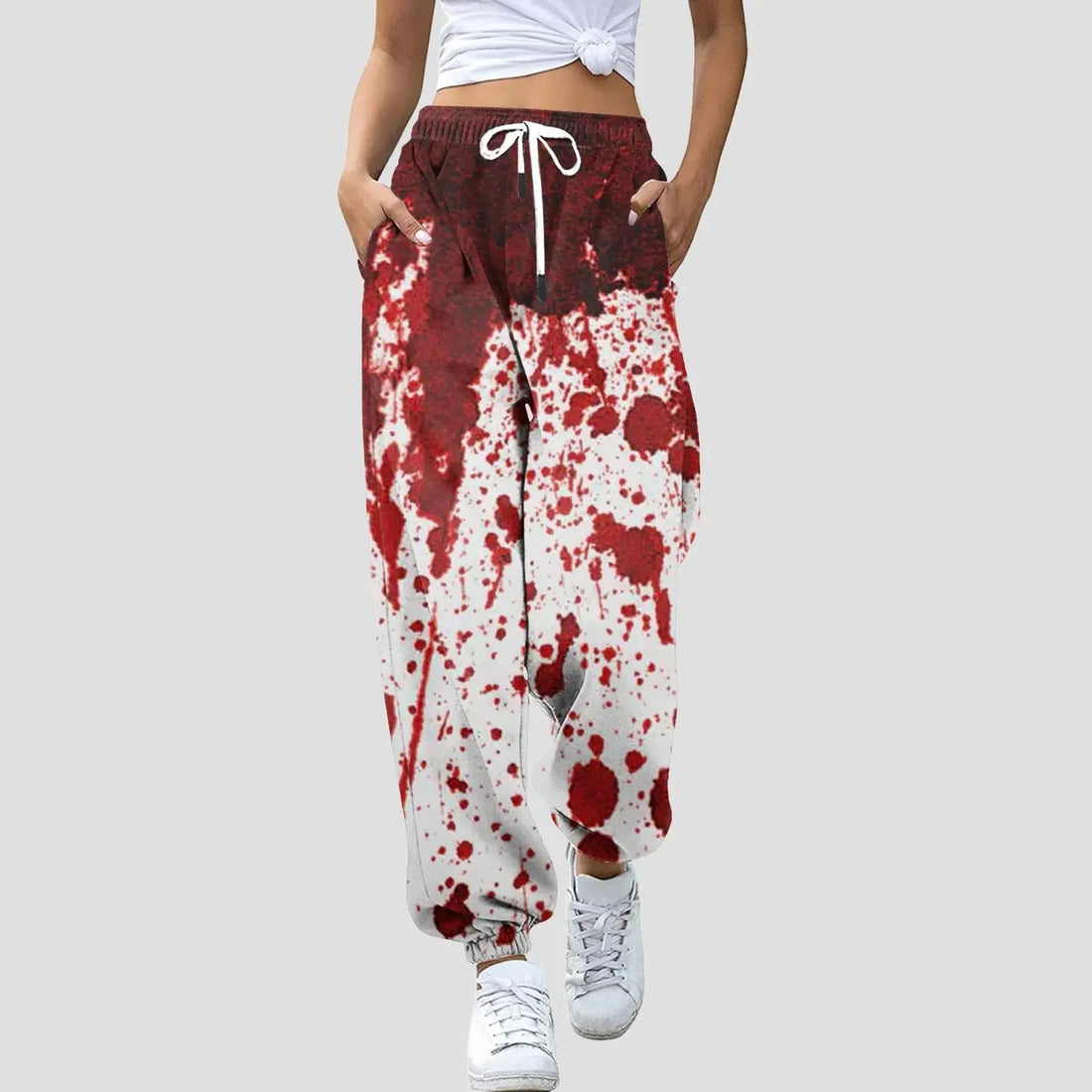 Women Halloween Blood Print Pants Bottom Sweatpants Drawstring Pockets High Waist Sporty Gym Athletic Fit Jogger Pants Trousers Halalzen UK