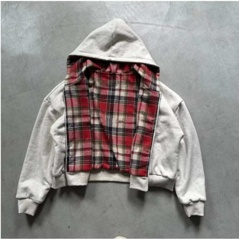 Casual Retro High Street Plaid Zipper Hoodie Women American Y2k Harajuku Fashion Brand Clothing Casual Oversized Sweatshirt Men