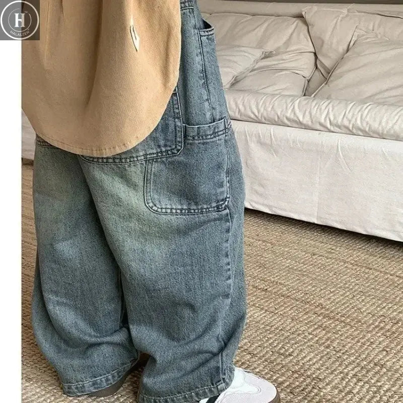 Children's Retro Jeans Loose Straight Pants Wide Leg Pants for Boys and Girls 2025 New Spring Autumn Kid's Denim Pocket Trousers HALALZEN
