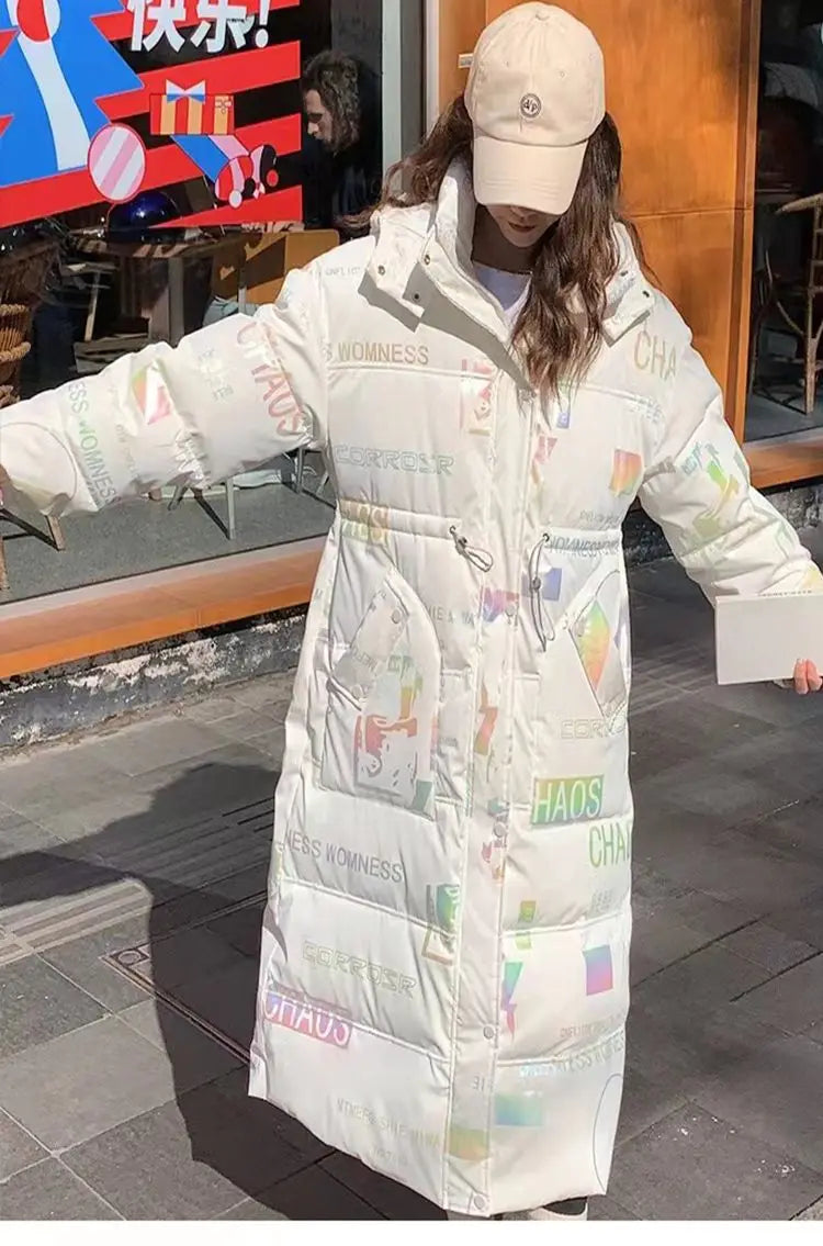 New Glossy Print Down cotton Jacket for women Winter 2024 Loose Thick Women Hooded Parka Coat Windproof Rainproof Long Overcoat