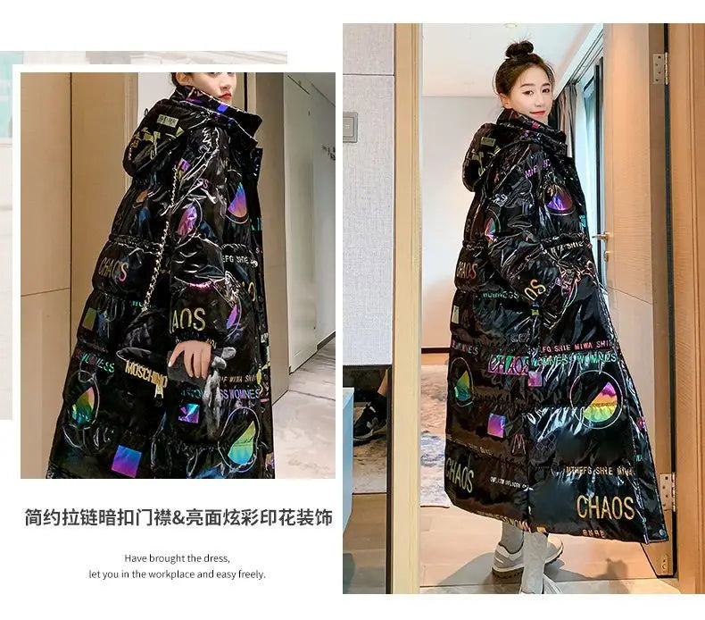 New Glossy Print Down cotton Jacket for women Winter 2024 Loose Thick Women Hooded Parka Coat Windproof Rainproof Long Overcoat