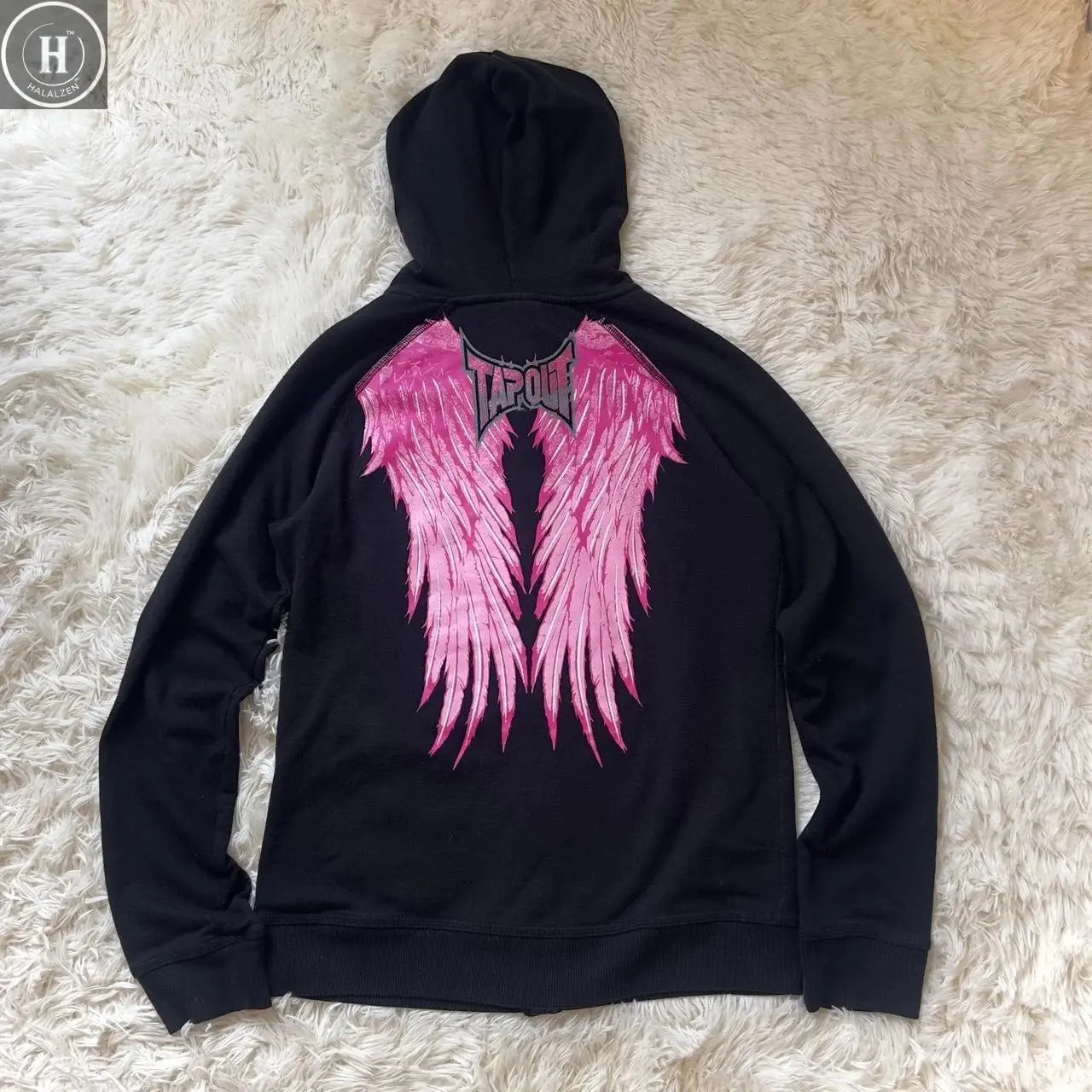 Y2K 2000s Tapout Pink & Black Grunge Angel Wings Spellout Zip Up Hoodie - Large HALALZEN