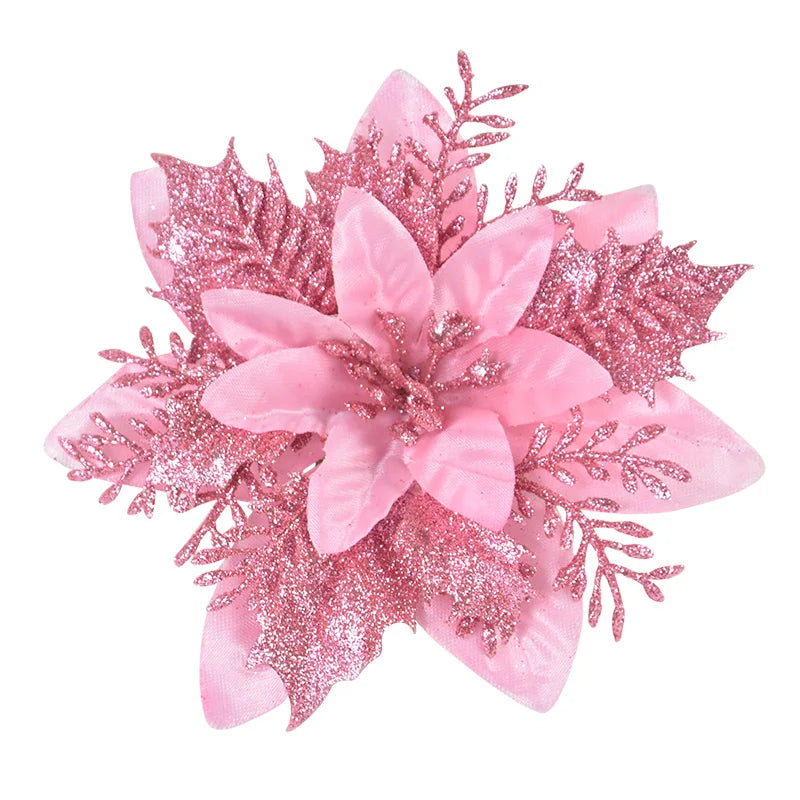 5/10Pcs 14cm Glitter Artificial Christmas Flowers Xmas Tree Ornaments Merry Christmas Decorations for Home New Year Gift Navidad