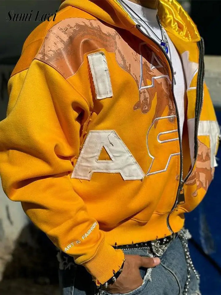 Trendy Baggy Hooded Cardigan Mens Y2K Pattern Print Loose Zip-up Hoodie Sweatshirt Men Spring Hip Hop Long Sleeve Hoodies Unisex