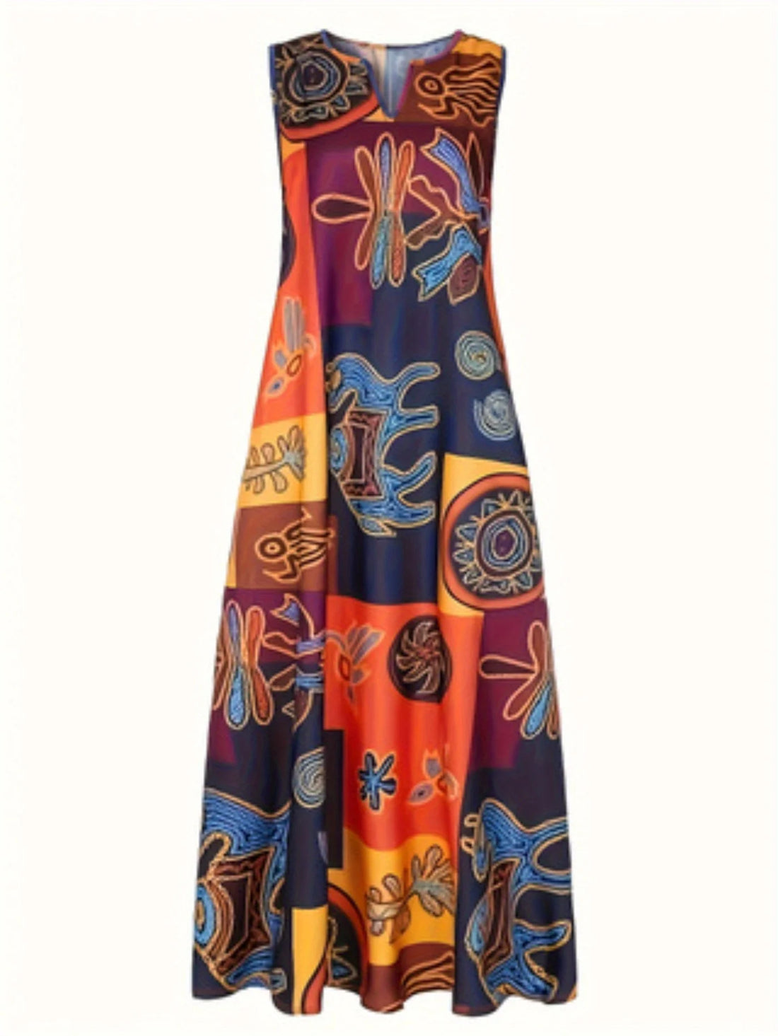 Women's Plus Size Holiday Print V-Neck Sleeveless Retro Casual Maxi Dress