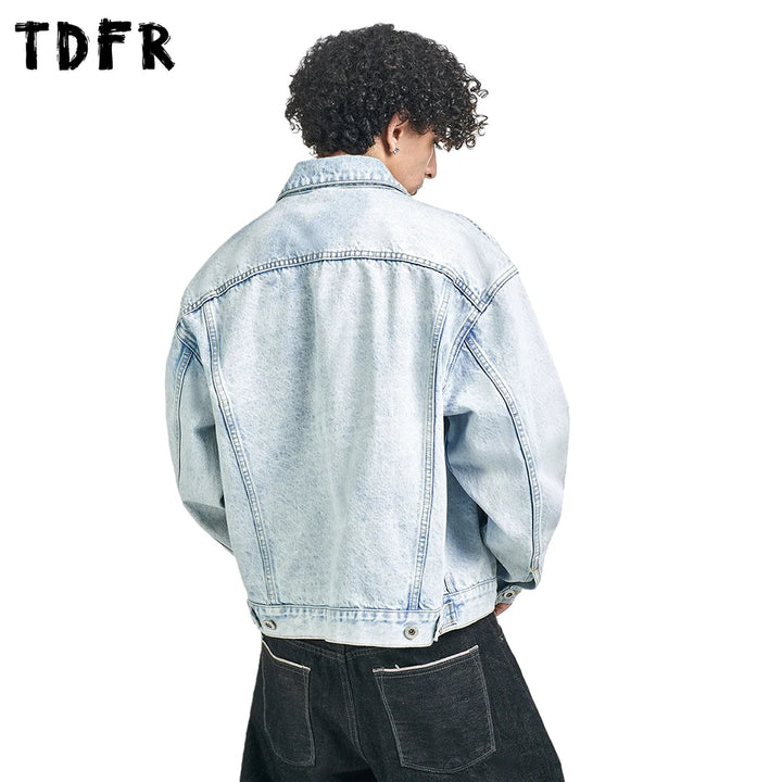 Pocket Denim Jacket Mens Autumn Winter Basic Retro Casual Loose Lapel Long Sleeve Single Breasted Cowboy Jacket Man Outerwear