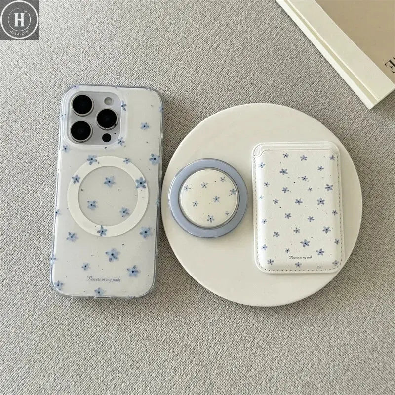 Korean Ins Flower Magnetic Stand Phone Case For iPhone 16 Pro 15 14 13 Pro Max Cover with Magsafe Card Holder Cute Cases Funda Halalzen UK