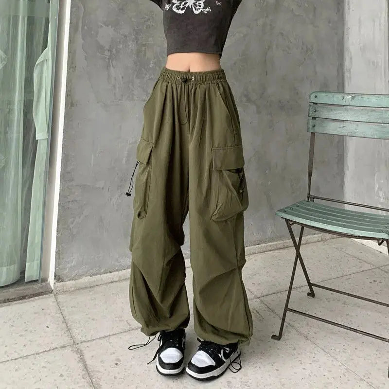 Y2K Parachute Black Pants Women Hippie Streetwear Oversize Pockets Cargo Trousers Harajuku Wide Leg Baggy Sweatpants Halalzen UK