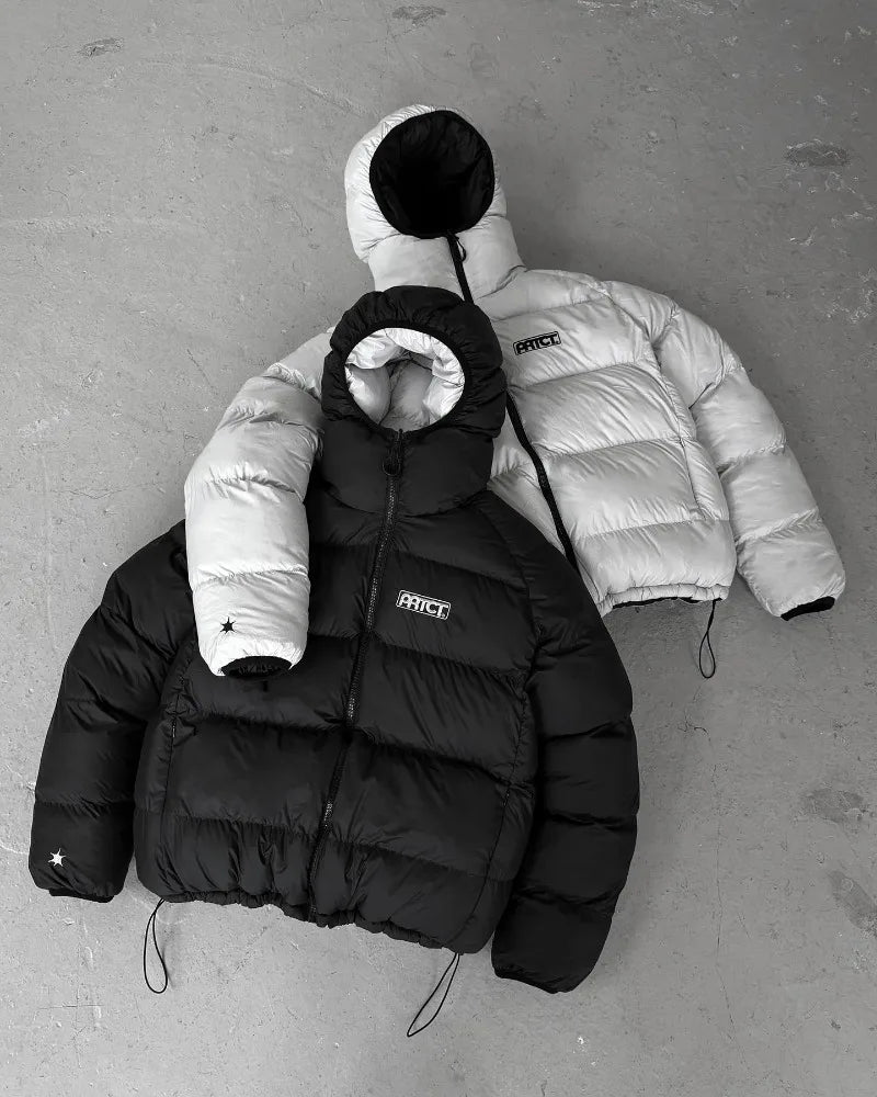 Hip-hop Fashion Striped Letter Embroidered Warm Down Jacket Men Street Fashion Brand Casual Loose Reversible Zipper Hoodie