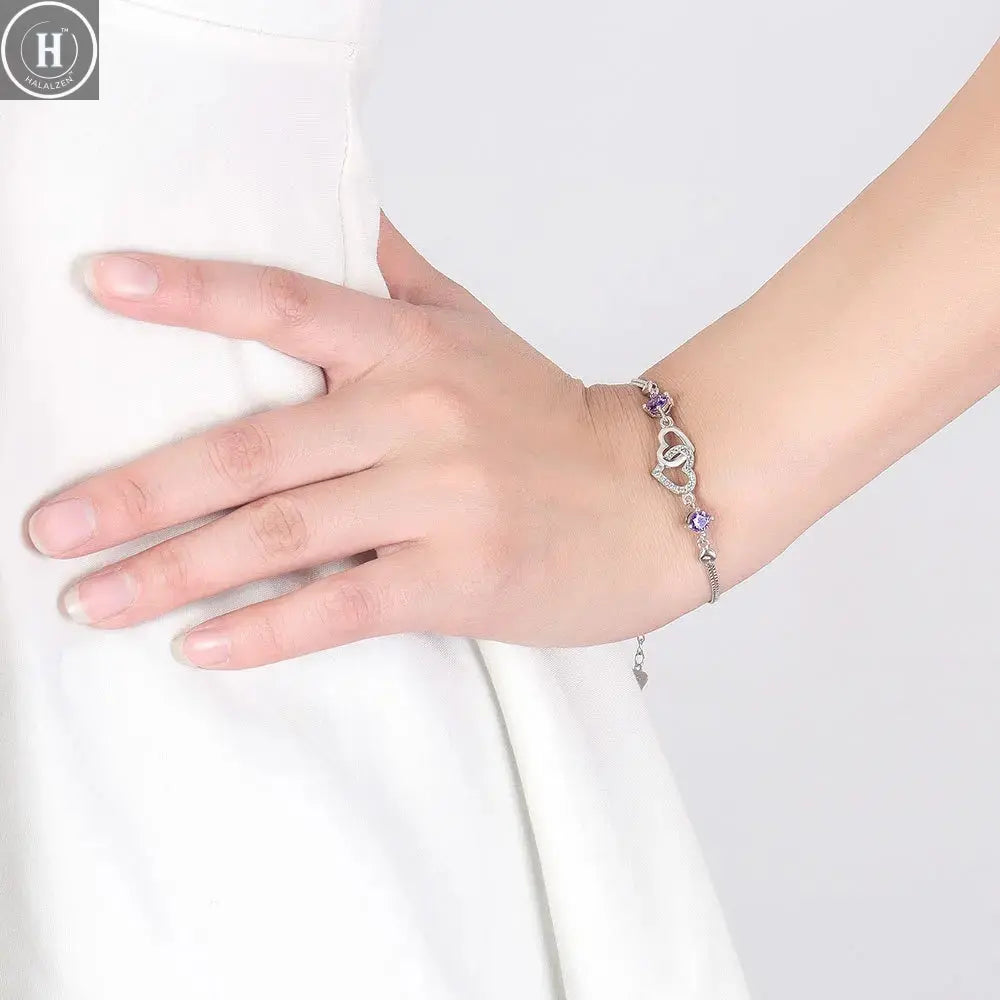 S925 Sterling Silver Bracelet Inlaid With Natural Amethyst Zircon Heart Lady Bracelet, Charm Jewelry Gift Wedding Jewelry HALALZEN