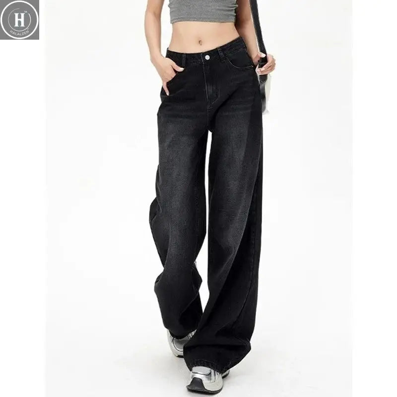 Lady Retro Black Gray High Waist Jeans Pants Women Fashion Straight Leg Denim Trousers Girls Loose Fit Thin Casual Pants Halalzen UK