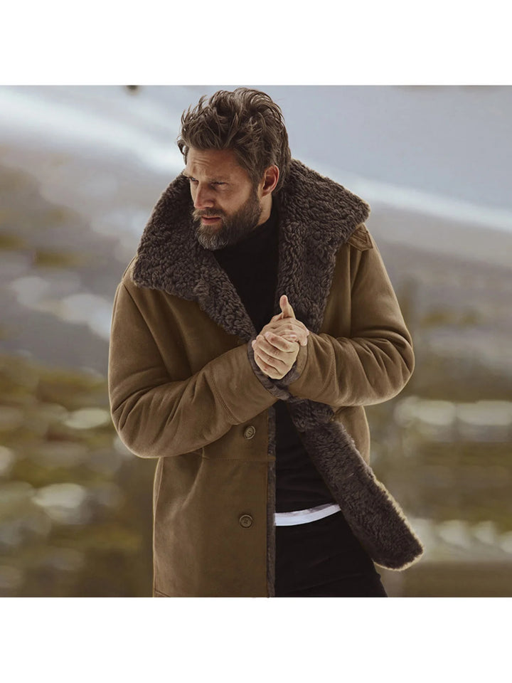 A Men's Warm Fleece-Lined Jacket Featuring Durable Faux Suede Fabric and Thick Lining Designed for Practical Windproof Protect