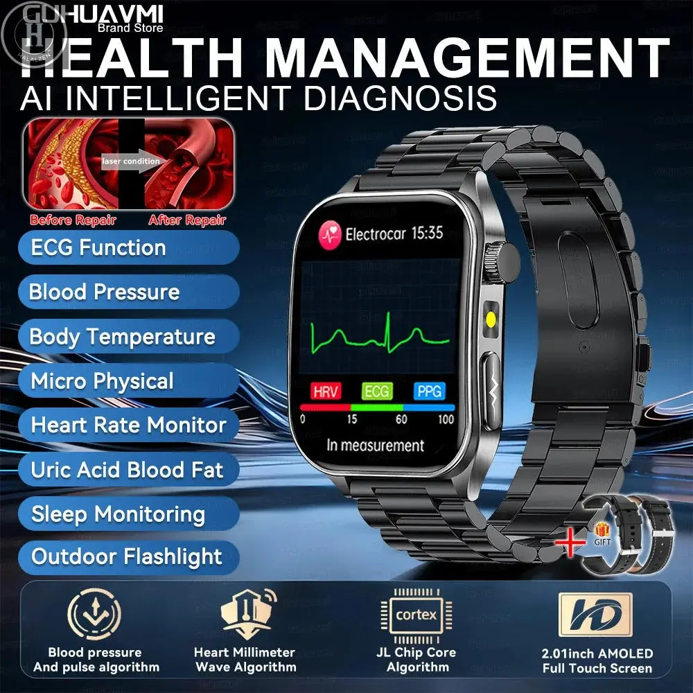 2026 New 650nm Laser Therapy Health Smartwatch Men ECG Blood Pressure Lipid Uric Acid Bluetooth Call Smart Watch For Android IOS HALALZEN