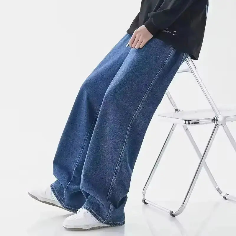 2025 New Streetwear Loose Jeans Men Korean Style Fashion Loose Straight Wide Leg Pants Men's Brand Clothing Black Light Blue HALALZEN