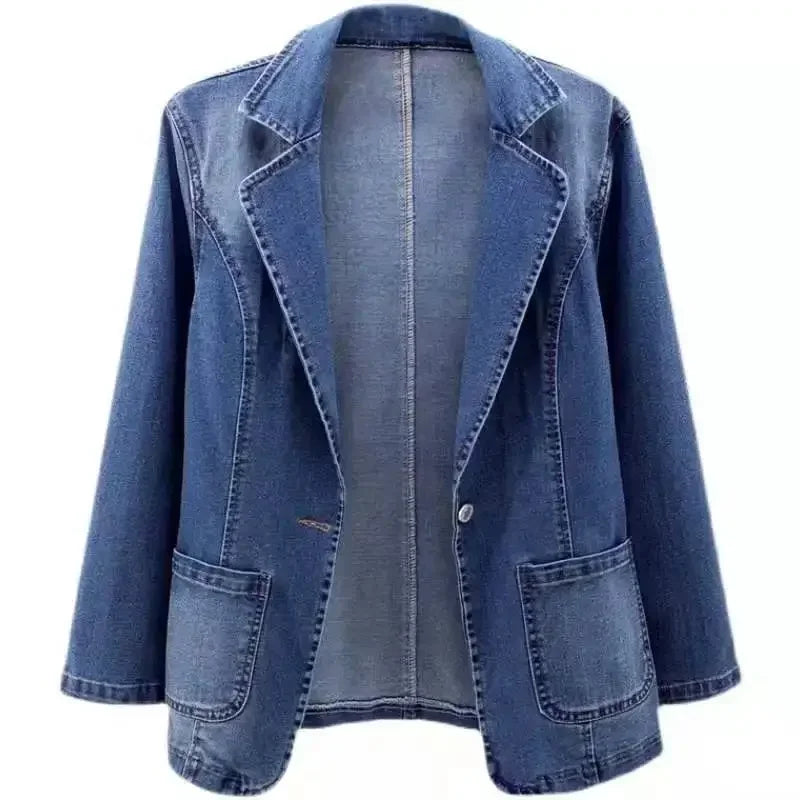 2023-ERFRE Spring Denim Suit Jacket Femme Long-Sleeve One Button Vintage Autumn Jeans Blazer Women Outerwear Cardigan Clothing
