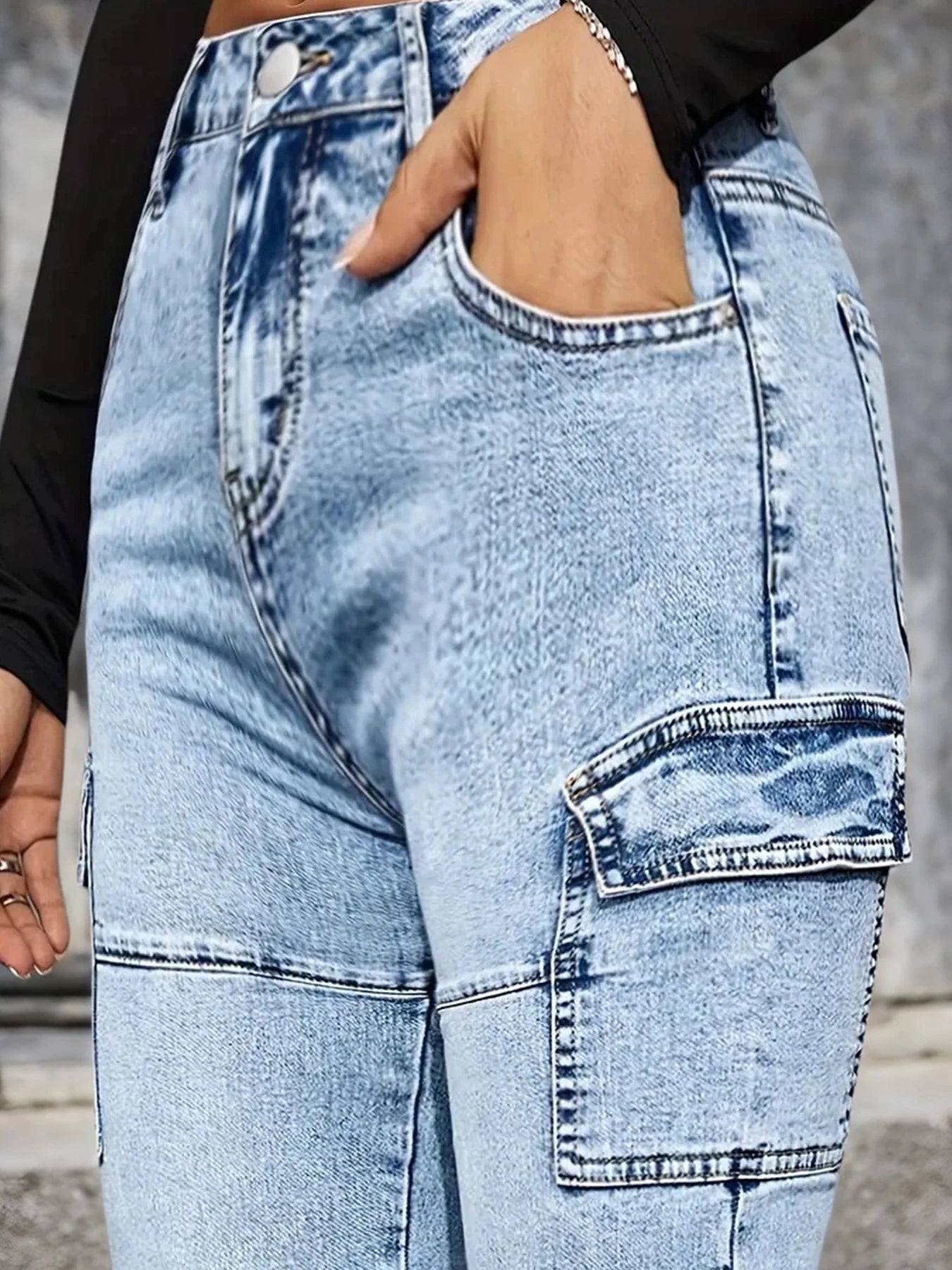 New Women's High Waisted Elastic Multi Pocket Workwear Jeans, Street Fashion Casual Slim Fit Stacking Pants