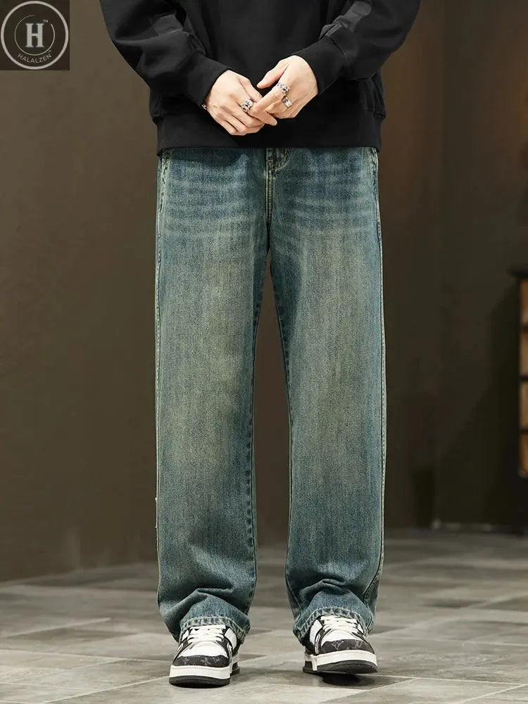 Korean Loose Wide Legs Jeans Men's Vintage Wash Denim Pants Fashion Streetwear Casual Baggy Straight Male Trousers HALALZEN
