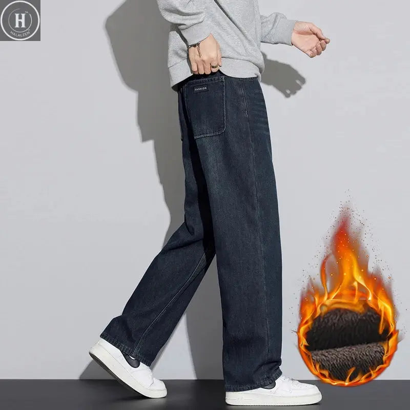 Men's Winter Thick Fleece Lined Jeans Fashion Loose Straight Wide Leg Denim Pants Warm Casual Baggy Male Trousers Streetwear Halalzen UK