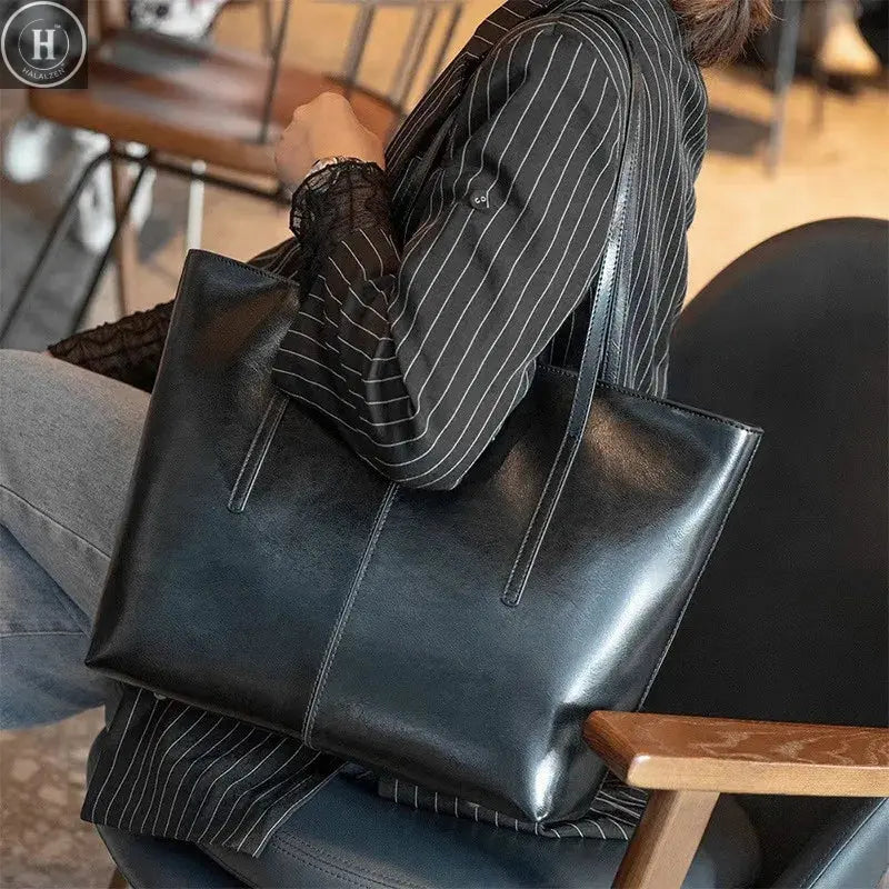 Burminsa Cowhide Genuine Leather Large Tote Bags For Women 2026 Luxury Designer Commuter Shoulder Bags Shopper Ladies Handbags HALALZEN