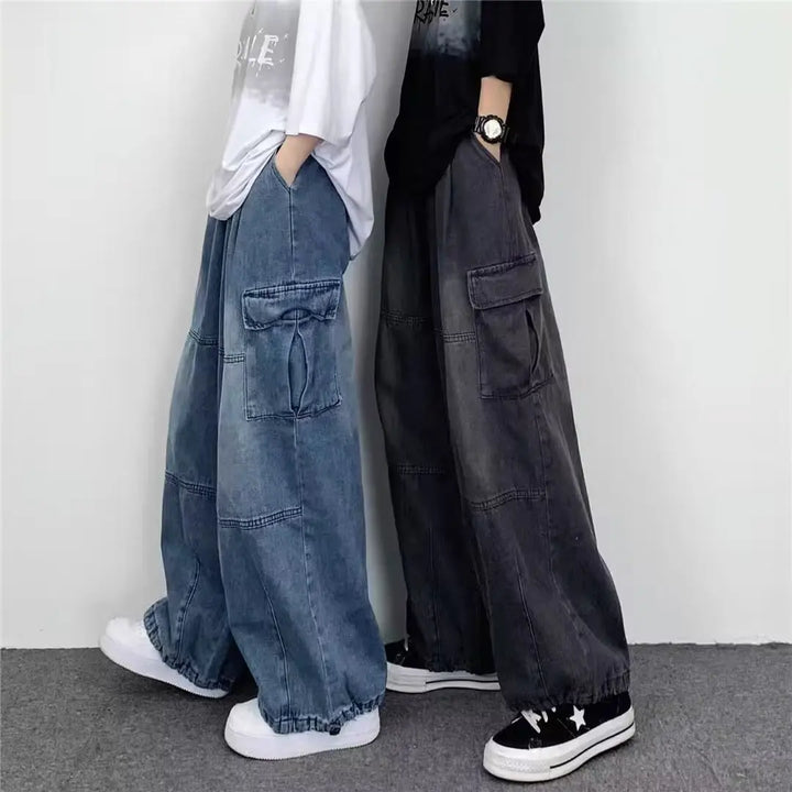 2024 Spring And Autumn Vintage Wide Leg Big Pocket Overalls Men Y2K Neutral Loose Straight Leg Casual High Street Hip Hop Jeans