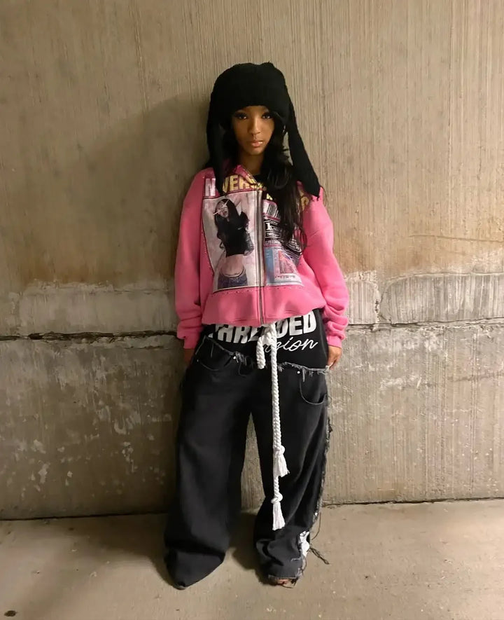 American Fashion Print Zipper Hoodie Harajuku Style Hip Hop Zipper Hoodie Streetwear Women Street Trendy Zipper Hoodies