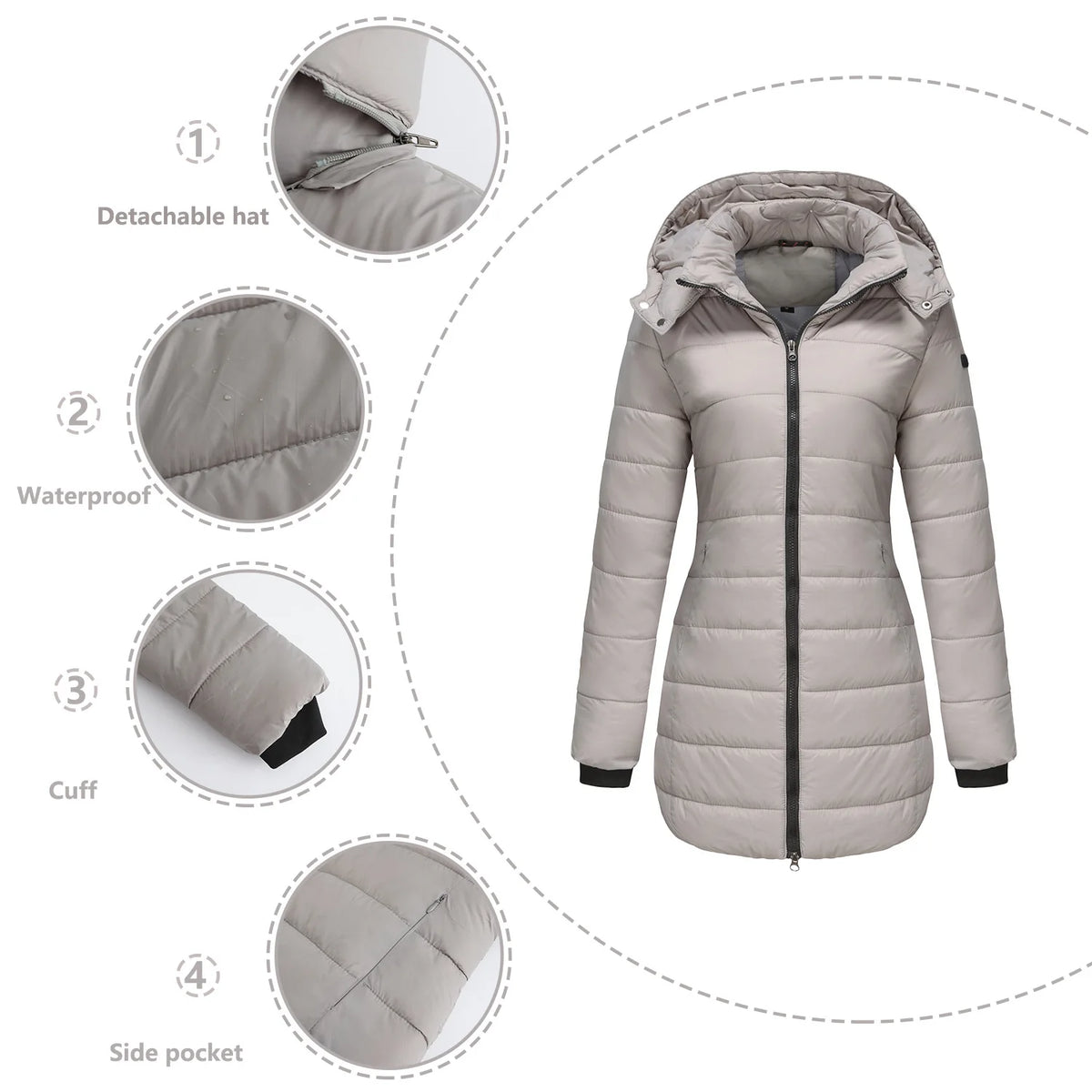 2024 New Waterproof Overcoat Women's Removable Cap Long-sleeved Parkas Winter Warm Jacket Female Red Yellow Gray Dark Blue Coats