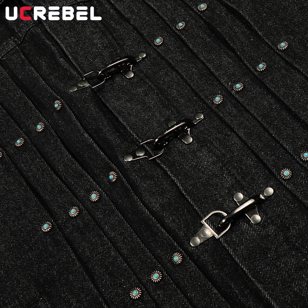 Spliced Raw Denim Jacket Mens with Rivets Retro High Street Autumn Winter Lapel Long Sleeve Cowboy Jacket Man Outerwear