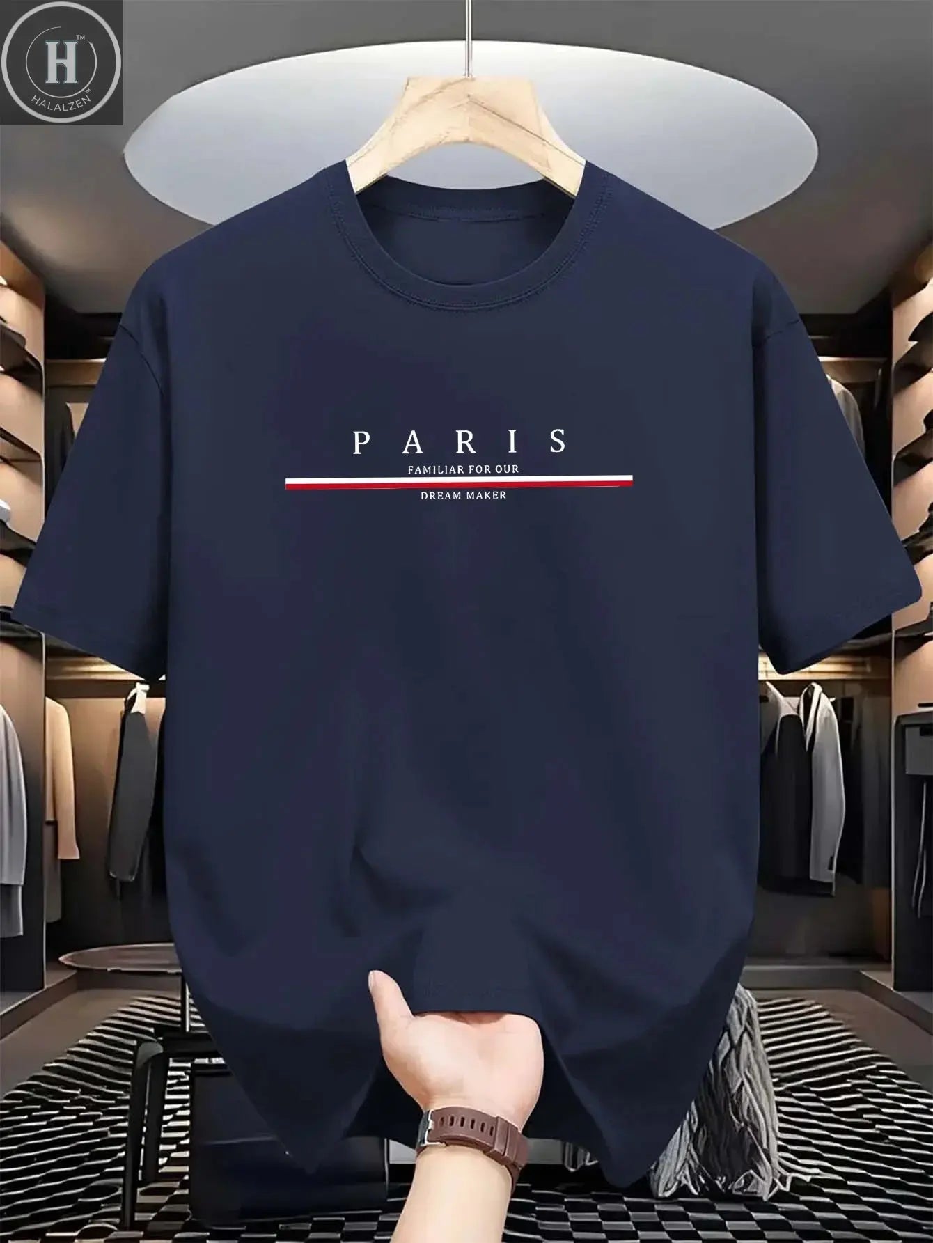 Men's 100% pure cotton summer casual loose fashion Paris letter printed comfortable round neck short sleeved T-shirt top HALALZEN