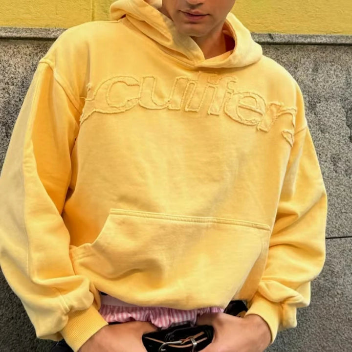 Y2k American Yellow Letter Patch Pullover Hoodie Men And Women Fashion Hip-Hop Casual Multifunctional Oversize Streetwear