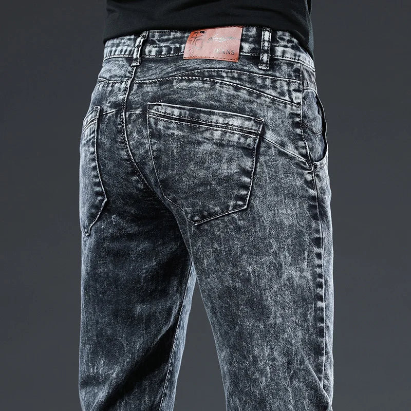 2024 Classic Korean Fashion Street Trendy Men Skinny Retro Snowflake Design Slim Fit Denim Pants New Elastic Cotton Men Jeans