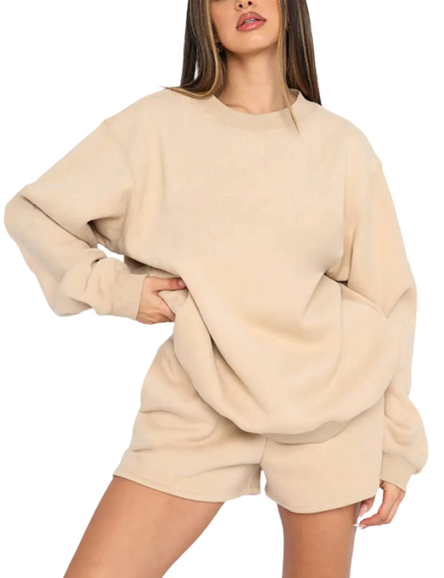 2025 Spring and Autumn Solid Color Pullover Long Sleeve Sweater Women's Fashion Casual Shorts Set