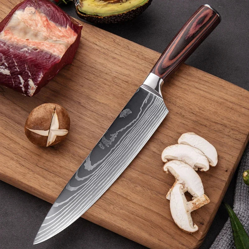 7CR17 440C Laser Damascus Chef Knife Japanese Knife Set Sharp Kitchen Knives Santoku Meat Cleaver Vegetable Fruit Slicing Knife Halalzen