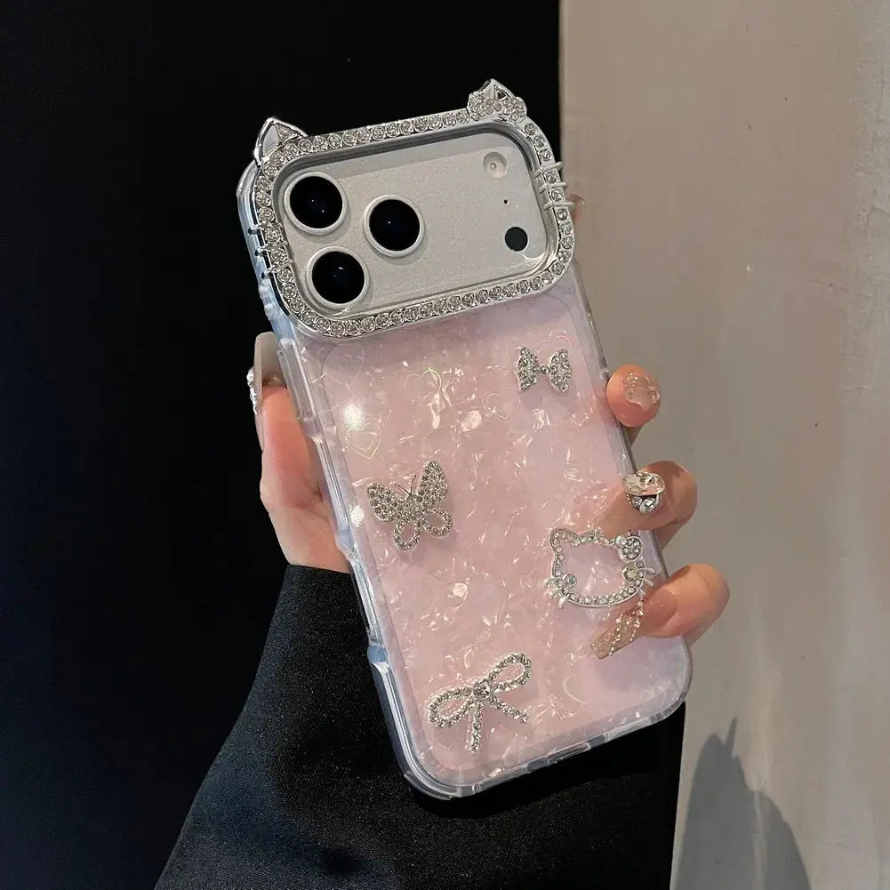 Cute Ear Bow and Butterfly Lens Rhinestone Frame Case for iPhone 17 Pro Max 17 Pro Air 16 Pro 15 14 + 13 Pro 12 11 Protect Cover Halalzen UK